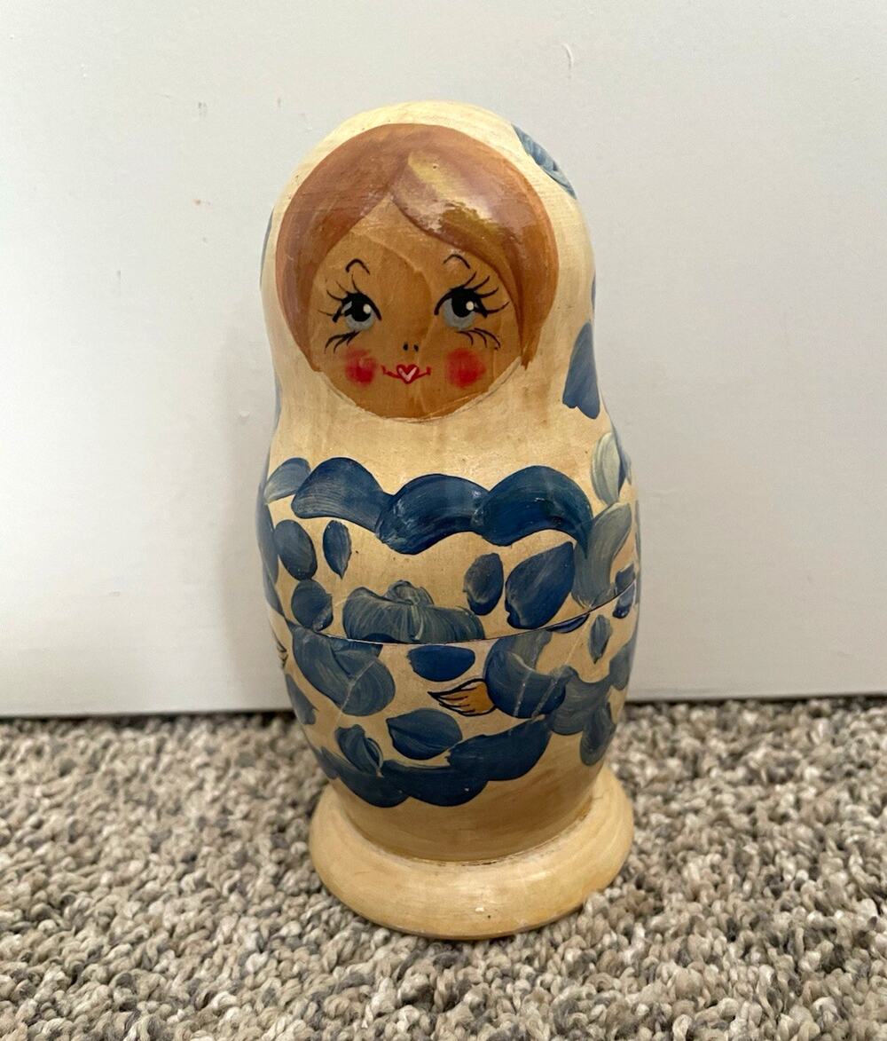 Russian Nesting Doll Figurine Blue Floral Pattern 3 Dolls Hand Painted Wood